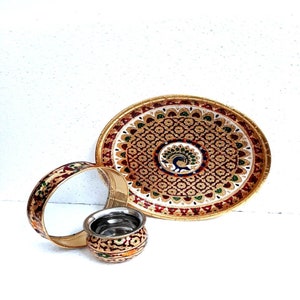 Handmade Pooja and Karwa Chauth Special Stainless Steel Decorative Meenakari Pooja Thali, Home Decor| Decorative handmade Pooja Thali