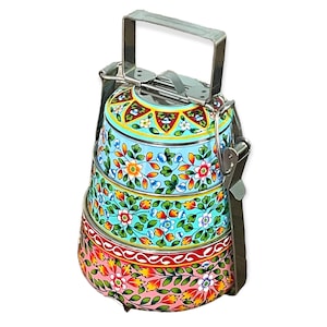 Tiffin Hand Painted 3 Tier Tiffin Lunch Containers Indian Tiffin Picnic Food Tiffin Christmas Gift Housewarming Gift 3rd Annivesary Gift