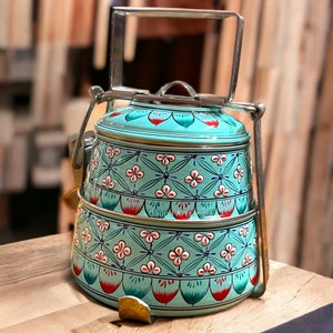 Tiffin Hand Painted 2 Tier Tiffin Lunch Containers Indian Tiffin Picnic Food Tiffin Christmas Gift Housewarming Gift 3rd Annivesary Gift