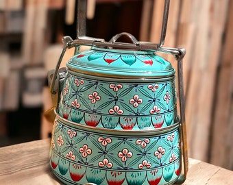 Contenedores Tiffin de 2 niveles pintados a mano, Tiffin indio para picnic, Tiffin para Navidad, regalo de inauguración de la casa, regalo de tercer aniversario