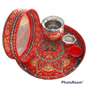 Karwa chauth Indian Hand Painted Thali Set Best Gift for her Pooja Thali Set Indian traditional Thali set gifting for auspicious celebration
