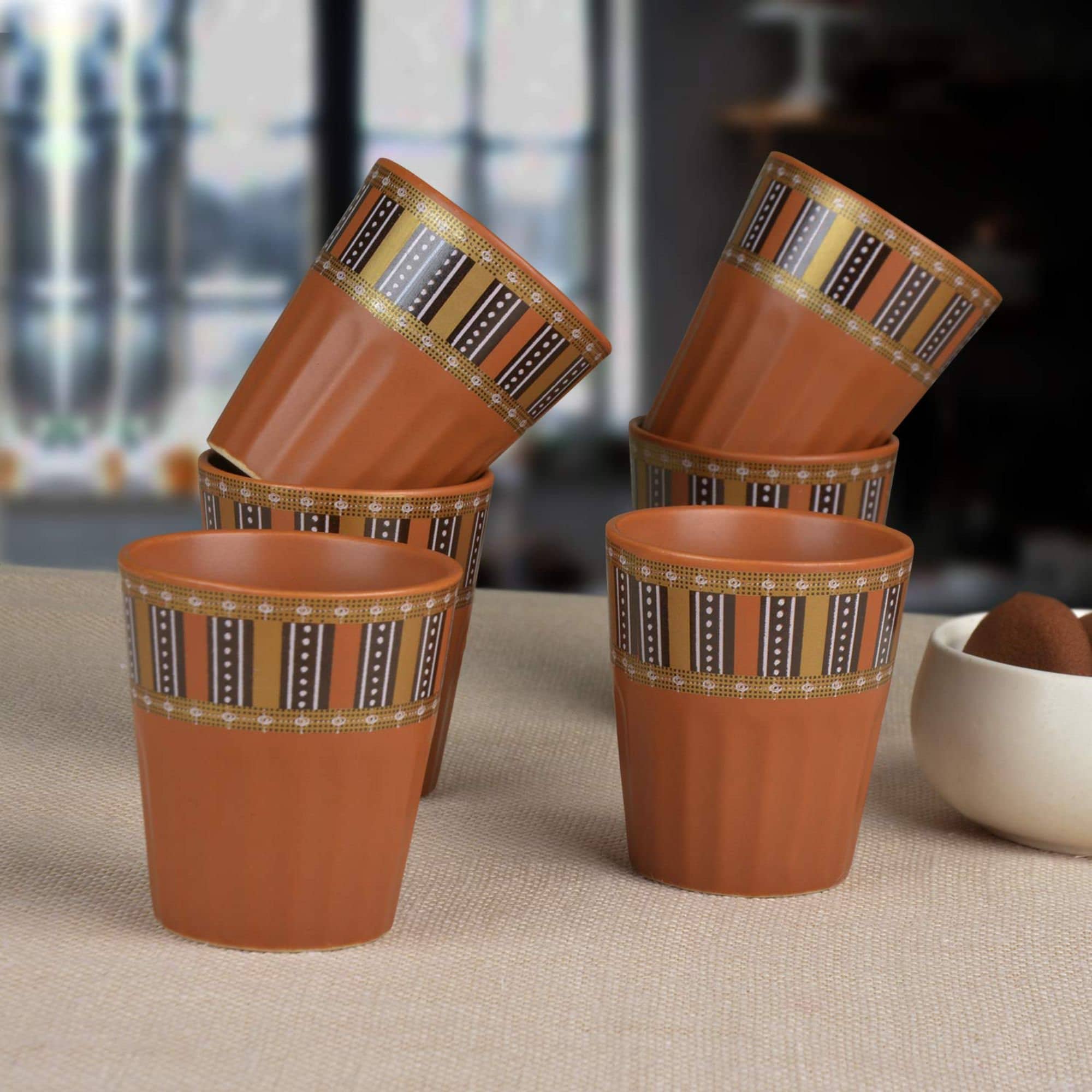Tea Glasses Ceramic Printed Chai Tea Kullads | Terracotta Brown, Set Of 6 | Verres à Thé Coupe de Lu
