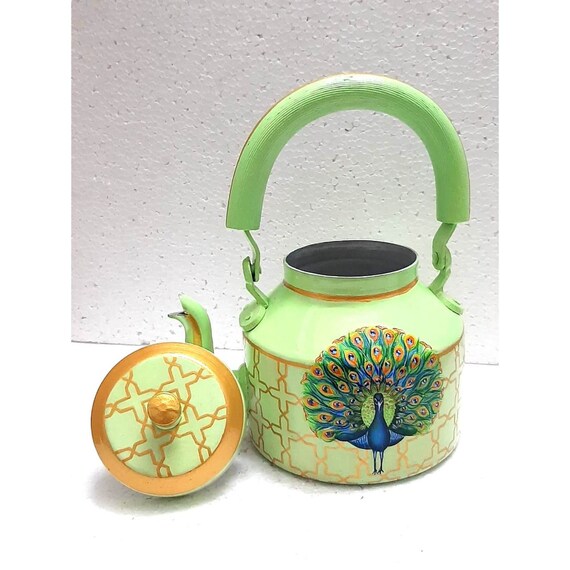 Tea Kettle-kaushalam Hand Painted Emerald Green Teapot, Jaipur