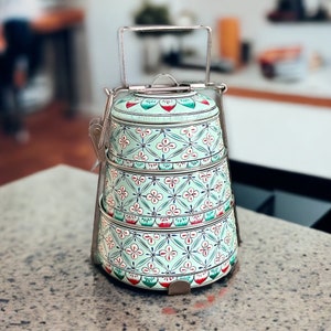 Tiffin Hand Painted 3 Tier Tiffin Lunch Containers Indian Tiffin Picnic Food Tiffin Christmas Gift Housewarming Gift 3rd Annivesary Gift