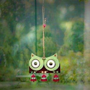 Wind Chime Wood & Metal Hand-Painted Home Decor Green Owl with 3 Metal Bell Wind Chime and Home Decor, Wind Hand - Painted Chime