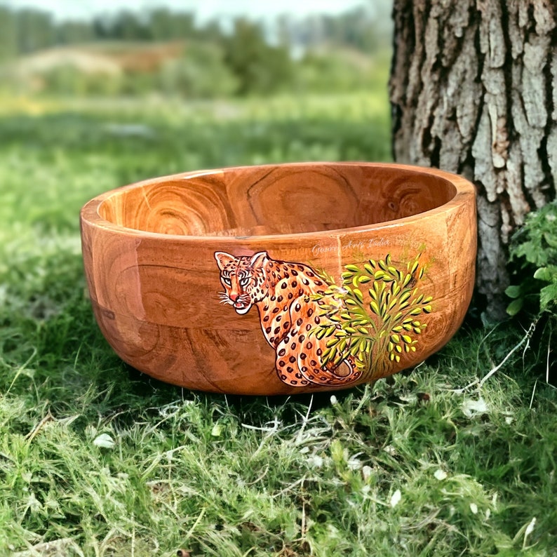 Salads Bowl Hand Crafted Wood Bowls Cheetah Bowl Perfect to Serve