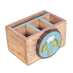 Wooden Cutlery Storage holder with Pichwai Art Dining Table Ware and Kitchenware Christmas, Birthday , Housewarming Gift and Thanksgiving