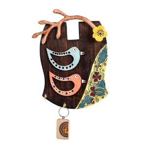 Wooden Key Holder Madhubani Bird Theme with Metal Decorative Handle Hand Painted with Madhubani Art and Handmade with( 4 Hooks)Wall Hanging