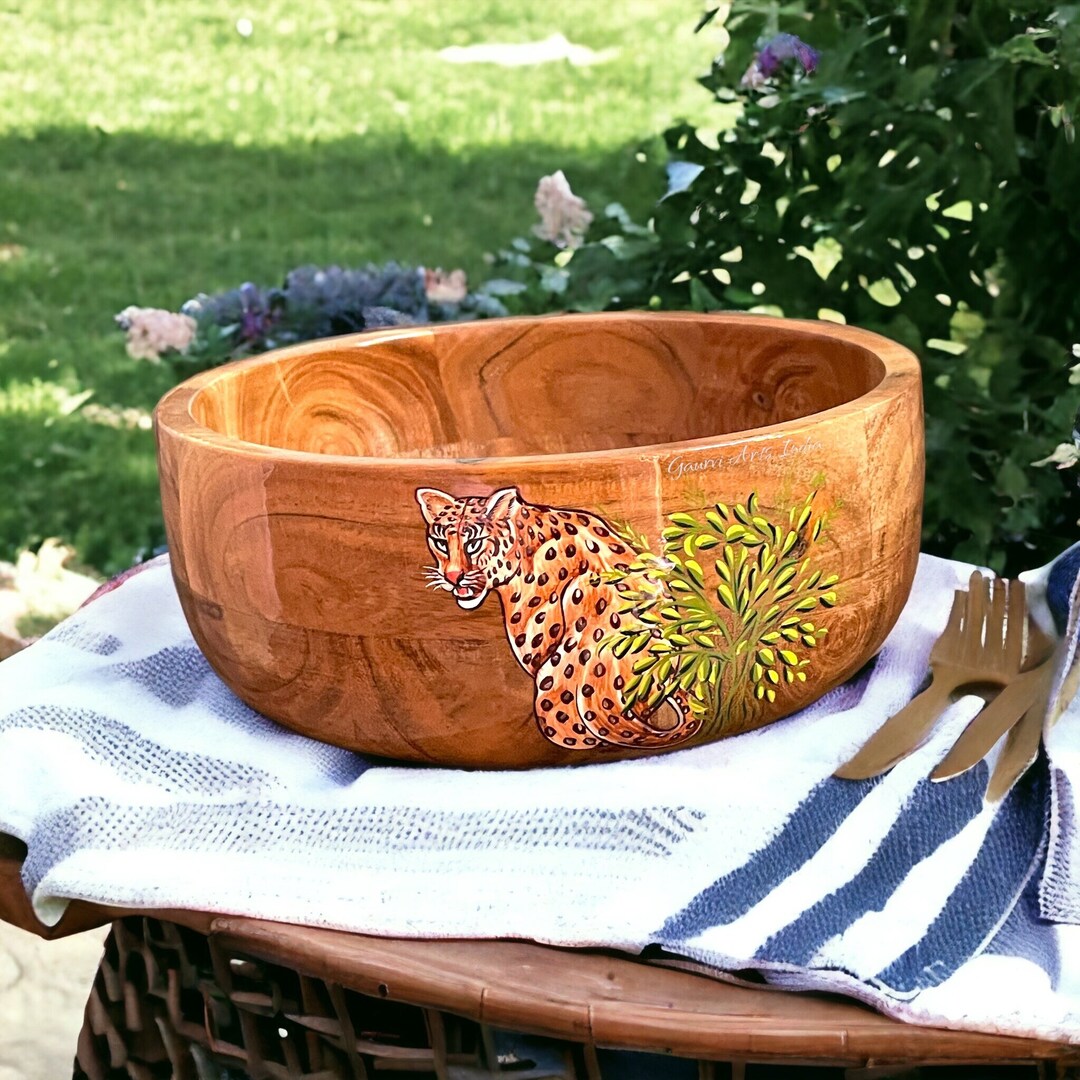 Salads Bowl Hand Crafted Wood Bowls Cheetah Bowl Perfect to Serve