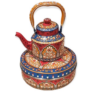 Tea Kettle Hand Painted Kitchenware Tea Pot with Tea Storage box 7 removable Containers along spoons Combo Set Christmas, Birthday Gift