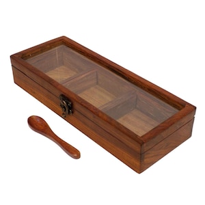 Handmade Wooden 3 Square Bowls Compartments Spice Box with Wooden Spoon|Dry Fruit Box Christmas Gift Home Decor wooden Decor | Birthday Gift