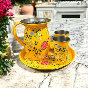 Pitcher Water jug with glasses and tray, hand painted Stainless steel Jug Kitchenware and Diningware Water serving Jug Birthday Gift