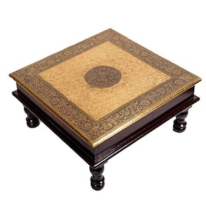 Wooden Chowki Square Chowki | Brass Work Pooja Bajot Stool | Home Decor Sitting Table and Traditional Table, Vase Table (12 x 12 x 6 Inches)
