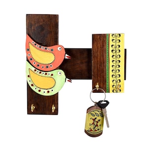 Wooden Key Holder Multi-Color Bird Hand Painted Madhubani Wall Hanging Key Holder with Hand Painted Wall Hanging Key Holder (4 Hooks)