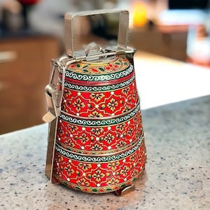 Tiffin Hand Painted 3 Tier Tiffin Lunch Containers Indian Tiffin Picnic Food Tiffin Christmas Gift Housewarming Gift 3rd Annivesary Gift
