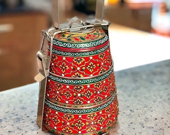 Tiffin pintado a mano 3 niveles Tiffin contenedores de almuerzo indio Tiffin Picnic comida Tiffin regalo de Navidad regalo de inauguración de la casa 3er regalo de aniversario