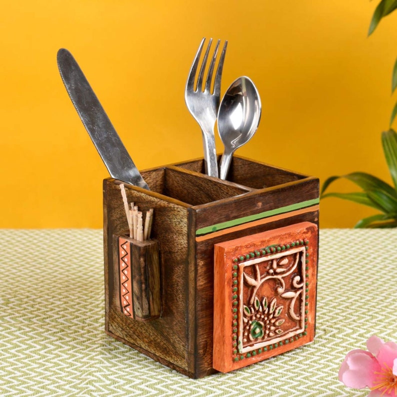 Hand made Cutlery holder for Dining /& Kitchen or Housewarming Gift 4.5 x 4 x 4 inches Hand Painted Cutlery Holder in Walnut Brown