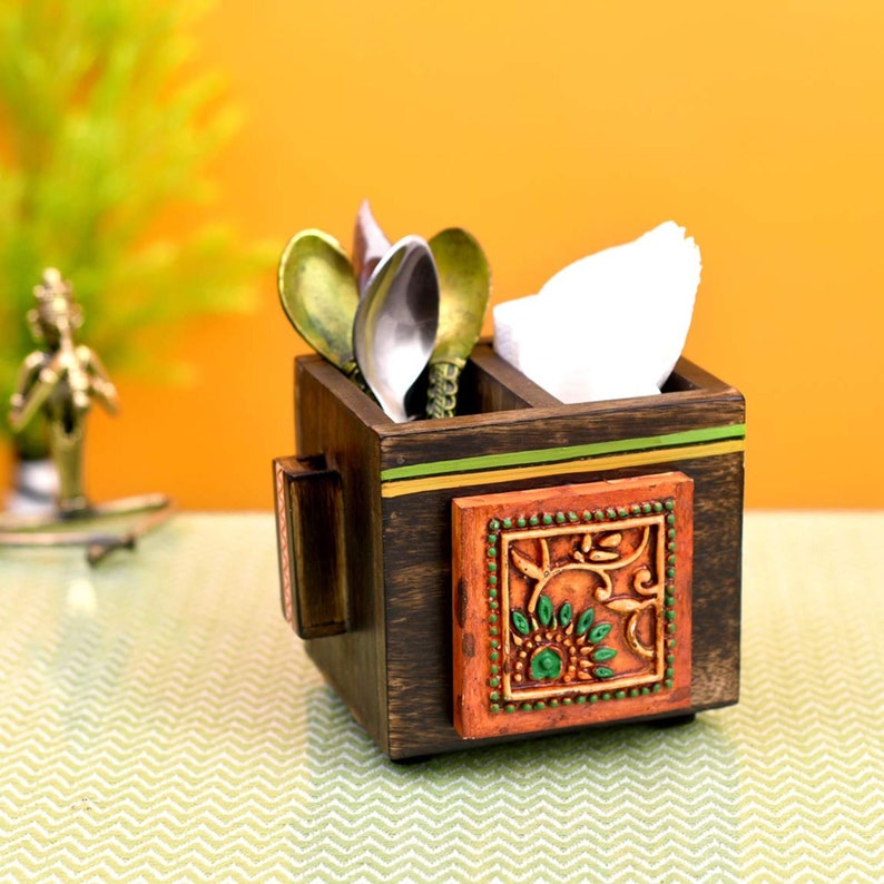 Hand made Cutlery holder for Dining /& Kitchen or Housewarming Gift 4.5 x 4 x 4 inches Hand Painted Cutlery Holder in Walnut Brown