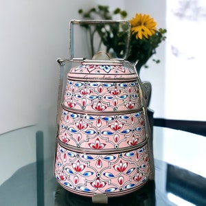 Tiffin Hand Painted 3 Tier Tiffin Lunch Containers Indian Tiffin Picnic Food Tiffin Christmas Gift Housewarming Gift 3rd Annivesary Gift
