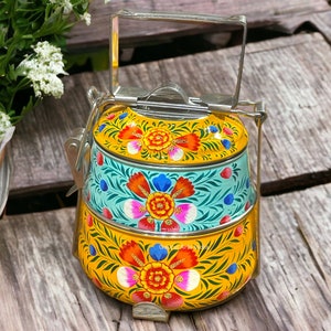 Tiffin Hand Painted 2 Tier Tiffin Lunch Containers Indian Tiffin Picnic Food Tiffin Christmas Gift Housewarming Gift 3rd Annivesary Gift