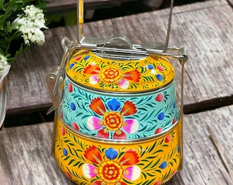 Contenedores Tiffin de 2 niveles pintados a mano, Tiffin indio para picnic, Tiffin para Navidad, regalo de inauguración de la casa, regalo de tercer aniversario