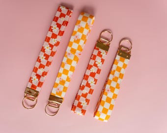 Floral Checkered Fabric Keychain Wristlet | Handmade Key Fob for Women