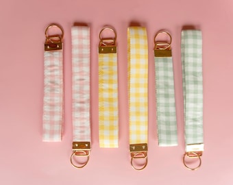 Gingham Fabric Keychain Wristlet | Gold Hardware Key Fob