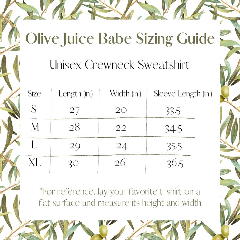 May include: Unisex crewneck sweatshirt sizing guide with measurements in inches for sizes S, M, L, and XL. The guide includes length, width, and sleeve length.