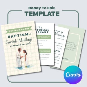Puede incluir: Una plantilla para anuncios de bautizo. El diseño presenta una ilustración en acuarela de Jesús bautizando a una persona, con el texto "Bienvenida al Bautismo de Sariah Misilagi, 29 de noviembre de 2025." También se incluyen tarjetas adicionales con texto.