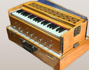 May include: A wooden harmonium with a keyboard and bellows, featuring a brown wood finish and a black keyboard. The harmonium is in a carrying case.