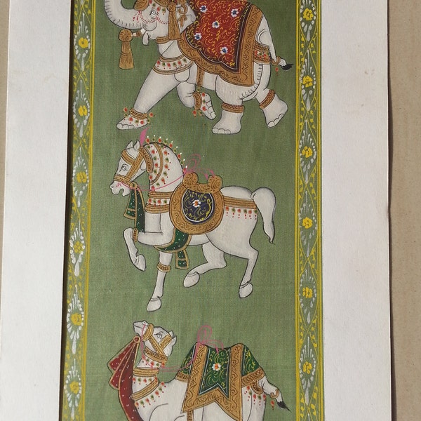 Peinture originale faite à la main de l’éléphant chameau cheval | Peinture traditionnelle indienne Peinture miniature royale fine sur tissu de soie