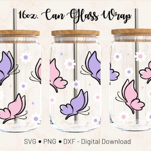 Butterfly Daisy 16oz Libbey Glass Can Wrap Template Cricut Design  (Digital Download)