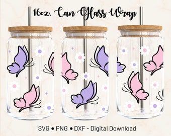Butterfly Daisy 16oz Libbey Glass Can Wrap Template Cricut Design  (Digital Download)