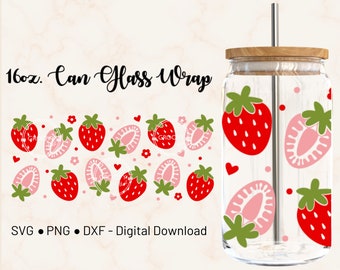 Strawberry Daisy 16oz Libbey Glass Can Wrap SVG: Cricut Template (Digital Download)