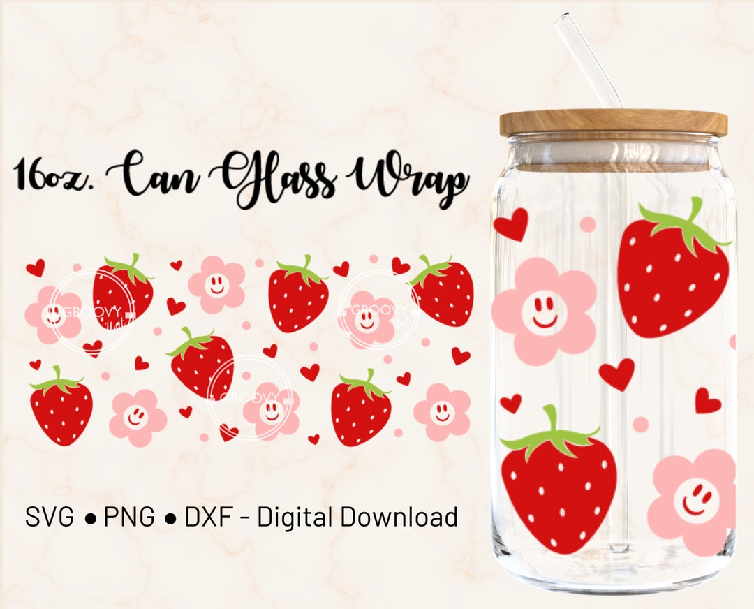 Strawberry Daisy 16oz Libbey Glass Can Wrap Template Cricut Design ...