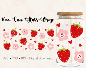 Strawberry Daisy 16oz Libbey Glass Can Wrap Template Cricut Design (Digital Download)
