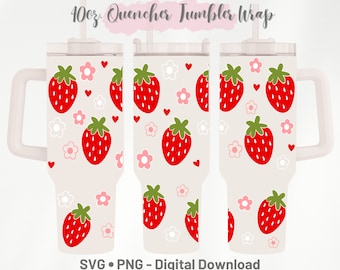 Strawberry Daisy 40oz Tumbler Wrap, Floral Hearts Design (Digital Download)