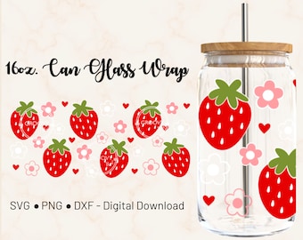 Strawberry Daisy 16oz Libbey Glass Can Wrap Template  Cricut Design (Digital Download)