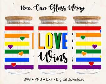 Pride Love Wins 16oz Glass Can Wrap Template Cricut Design  (Digital Download)