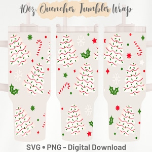 May include: A digital download design for a 40oz tumbler wrap featuring a Christmas-themed pattern with white, green, and red frosted Christmas trees, candy canes, holly leaves, snowflakes, and stars on a white background.