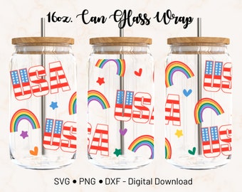 4th of July Rainbow Pride 16oz Libbey Can Wrap (SVG, Dxf, Png) Cricut Design