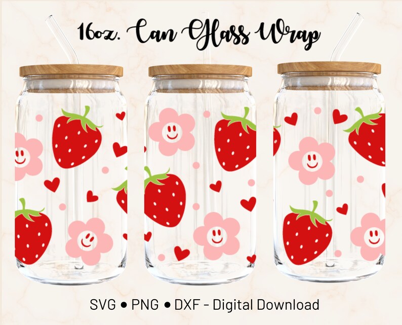 Strawberry Daisy 16oz Libbey Glass Can Wrap Template Cricut Design ...
