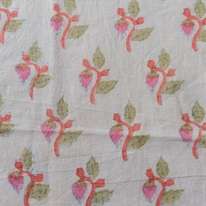 Pink, Green Small Floral Hand Block Print Fabric-100% Cotton Handmade fabric -Lightweight, Soft, Medium Opacity-44 Inches Wide- Sold by Yard