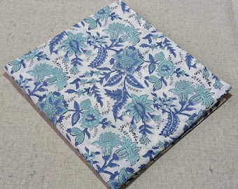 Cotton Cambric Hand Block Print Fabric | Blue and Green Floral Print cotton | Indian Handmade Fabric by the Yard for Quilting, Sarong, Tops