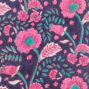 Green With Pink Floral Fabric-Indian Soft Cotton Fabric-Fabric by the Yard, Block print Fabric- Sewing & Quilting Fabric- Printed Fabric