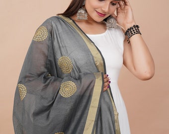 Indian Bollywood Solid Plain Embroidered Chanderi Dupatta,Scarf,Shwal,Chunni Latest Wedding Women Dupatta with Matching Golden Border