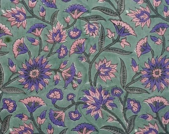 Hand Block Print Pure Cotton Fabric by the Yard Floral Indian Handcrafted Dressmaking Sewing Material Sage Green Pink Purple Sanganeri, Gift