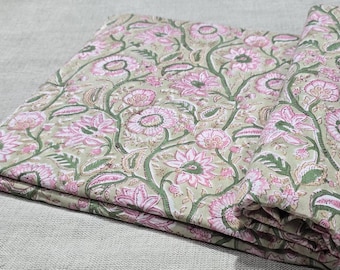 Indian Hand Block Print Cotton Fabric | Floral  Print cotton | Pink, Green Fabric by the Yard | Indian Cotton for Dresses, Quilting/Crafting