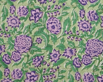 Purple Floral Hand Block Print Cotton Fabric by the Yard, Green Indian Jaipur Blockprint Cotton Material for Sewing Dresses, Curtains, Skirt