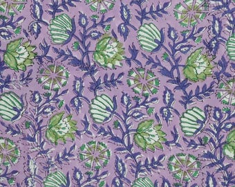 Lavender Hand Block Print Cotton Fabric, Floral Indian Jaipuri Fabric by the Yard, Soft Cotton Material for Sewing Dresses & Crafts, Decor